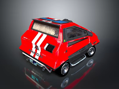 Red Compact Concept Car With White Stripes Blue Red Roof And Unique Body Design 3d model