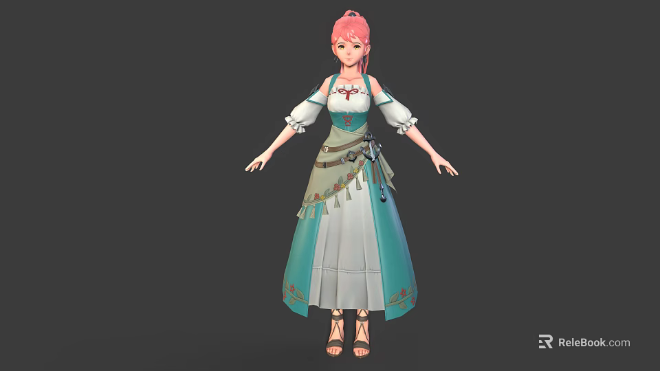 3D Fantasy Character Creature With Pink Hair And Teal White Dress Decorative Belt 3d model 