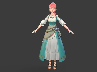 3D Fantasy Character Creature With Pink Hair And Teal White Dress Decorative Belt 3d model