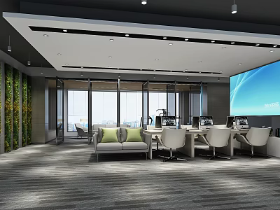 Modern Public Office Space Design With Large Screen Green Plant Wall Desks Chairs And Windows 3d model