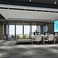 Modern Public Office Space Design With Large Screen Green Plant Wall Desks Chairs And Windows