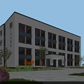 Multi Story School Building With White Exterior Black Window Frames Lawn Trees And Purple Bushes