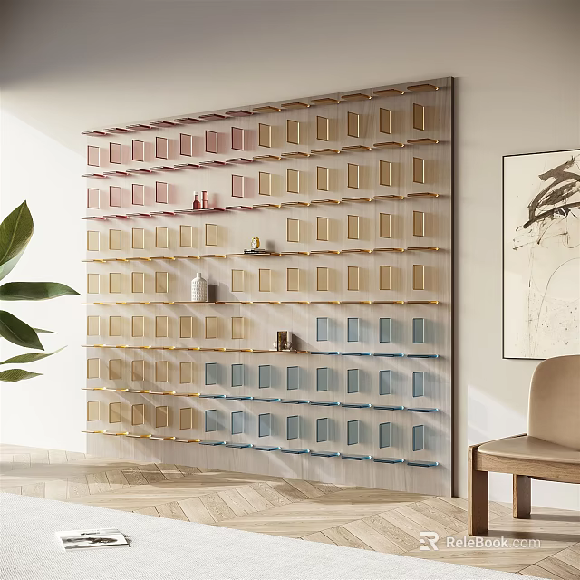 Wall Mounted Display Shelves Multiple Layers Various Colors Neatly Arranged With Plants And Chair 3d model 