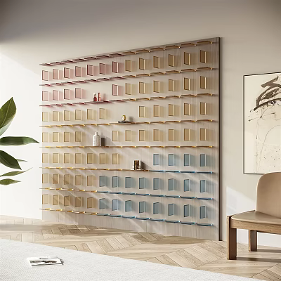 Wall Mounted Display Shelves Multiple Layers Various Colors Neatly Arranged With Plants And Chair 3d model