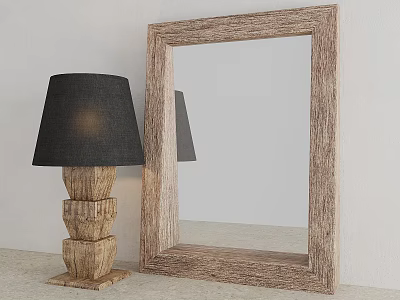 Stylish Table Lamp With Black Lampshade And Wooden Base Next To Wooden Frame Mirror 3d model