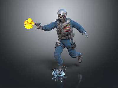 Armored Soldier Wearing Protective Gear Running With Flamethrower Fire And Water Splash 3d model