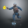 Armored Soldier Wearing Protective Gear Running With Flamethrower Fire And Water Splash