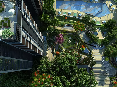 Lush Garden Landscape With Swimming Pool Walkways And Greenery Near High Rise Building 3d model