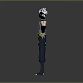 Silver Haired Ninja Character With Batman Logo Vest Dark Blue Pants And Wrist Guards