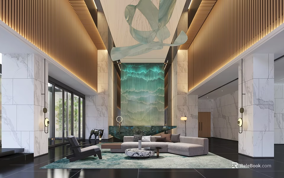 Modern Hotel Lobby Interior With Luxury Sofa Coffee Table And Art Installation 3d model 