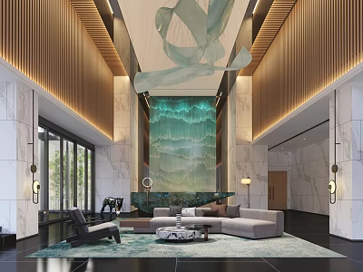 Modern Hotel Lobby Interior With Luxury Sofa Coffee Table And Art Installation 3d model