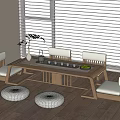 Modern Wooden Tea Table and Chairs with Round Cushions by Window Vase and Tea Set