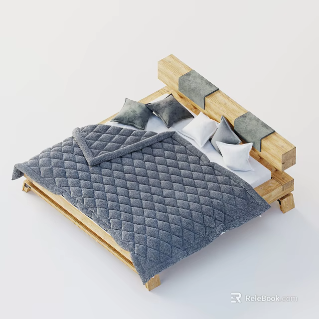 Modern Double Bed with Wooden Frame Grey Headboard and Grey Diamond Quilt and White Pillows 3d model 