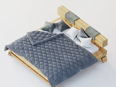 Modern Double Bed with Wooden Frame Grey Headboard and Grey Diamond Quilt and White Pillows 3d model