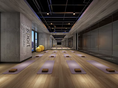 Modern Fitness Yoga Studio with Aligned Yoga Mats and Yellow Exercise Balls 3d model