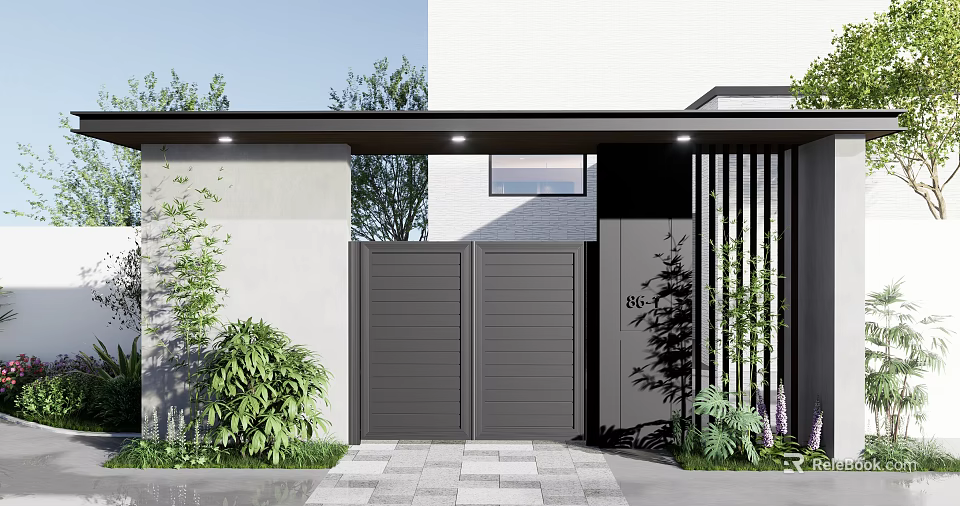Modern Dark Gray Double Door Entrance Gate With Green Plants And Stone Pavement 3d model 