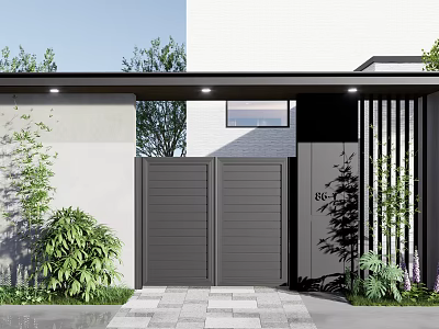 Modern Dark Gray Double Door Entrance Gate With Green Plants And Stone Pavement 3d model