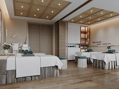 SPA Sauna Interior with Massage Beds White Sheets Gray Bed Skirts Wooden Flooring Recessed Lights 3d model