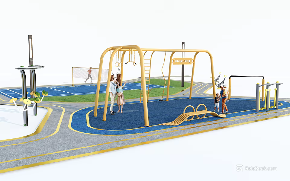 Outdoor Playground Sports Equipment With Yellow Swings Climbing Frames Slides And Blue Play Surface For Children 3d model 
