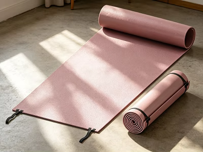 Pink Yoga Mat Unrolled and Rolled Up with Sunlight on Floor for Sports 3d model