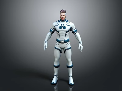 Game Movie Character Male with White Blue Bodysuit 3D Model Standing Pose Futuristic Design 3d model