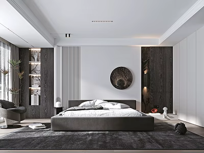 Minimalist Modern Bedroom Interior With Grey Bed Circular Art Dark Wooden Walls And Green Plants 3d model