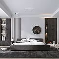 Minimalist Modern Bedroom Interior With Grey Bed Circular Art Dark Wooden Walls And Green Plants