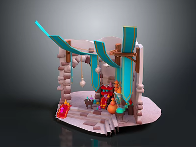 Cartoon Market Stall Scene With Stone Structure Blue Awnings Steps Lanterns And Colorful Bottles 3d model