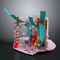 Cartoon Market Stall Scene With Stone Structure Blue Awnings Steps Lanterns And Colorful Bottles
