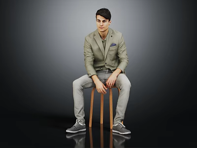 Man Sitting on Wooden Stool Wearing Light Green Blazer Gray Pants and Gray Shoes 3d model
