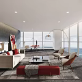 Modern Office Interior With Floor To Ceiling Windows Sea View Sofa And Coffee Table 3d model