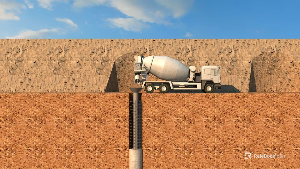 Concrete Mixer Truck Parked By Earth Wall Under Blue Sky With Pipe 3d model 