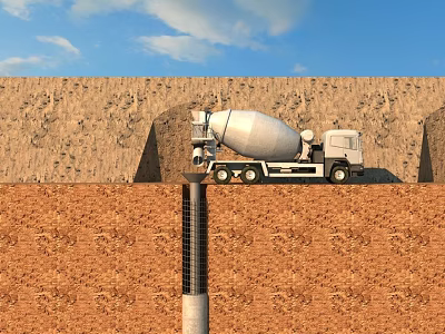Concrete Mixer Truck Parked By Earth Wall Under Blue Sky With Pipe 3d model