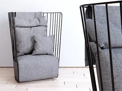 Modern Minimalist Single Sofa with Black Metal Frame Gray Fabric Cushions and Throw Pillows 3d model