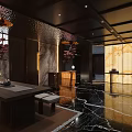 Elegant Hotel Lobby Interior With Black Marble Flooring Brass Reception Desk And Ornate Chandeliers