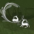 Modern Landscape Sculpture with Curved Leaf Like Structure and White Deer Figures in Grassland