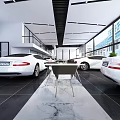 Modern Auto Showroom Interior With White Cars Large Windows And Marble Flooring