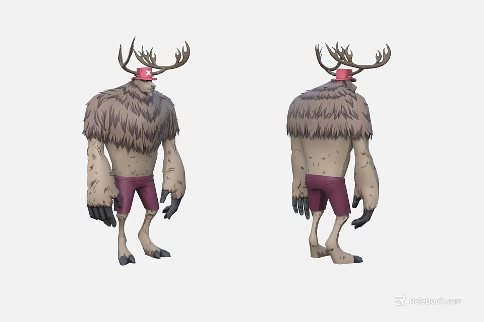 Cartoon Game Character With Antlers Red Headpiece Furry Top And Purple Shorts Front Back View 3d model 