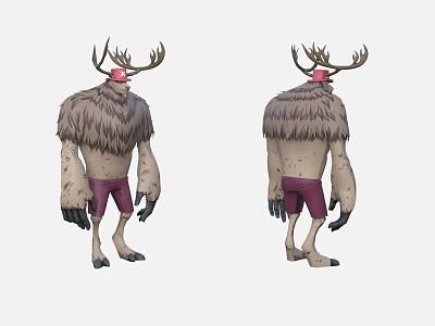 Cartoon Game Character With Antlers Red Headpiece Furry Top And Purple Shorts Front Back View 3d model