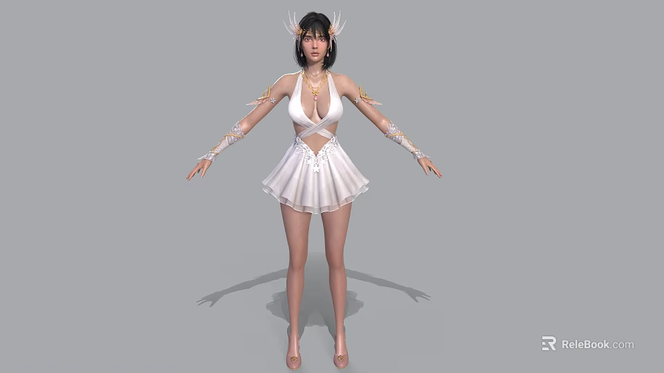 Woman in White Cross Front Short Dress with Arm Ornaments and Headpiece on Gray Background 3d model 