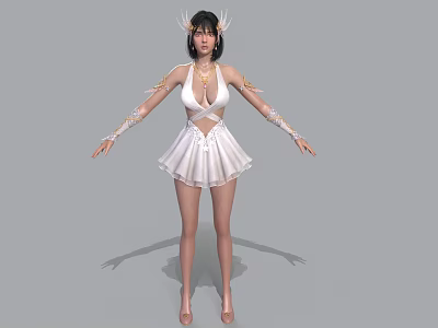 Woman in White Cross Front Short Dress with Arm Ornaments and Headpiece on Gray Background 3d model