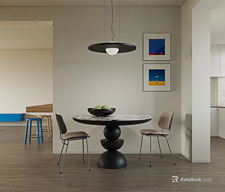 Modern Restaurant Dining Area With Round Marble Table And Artwork Decor 3d model