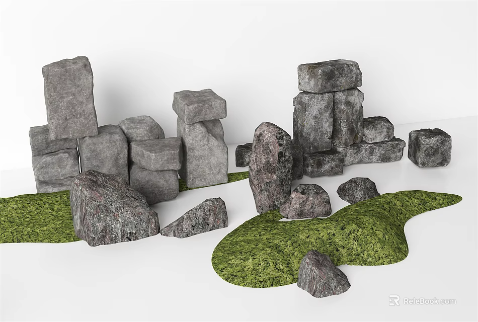 Stacked and Scattered Gray Stones with Wood Accents on Lush Green Grass 3d model 