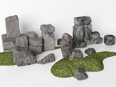 Stacked and Scattered Gray Stones with Wood Accents on Lush Green Grass 3d model