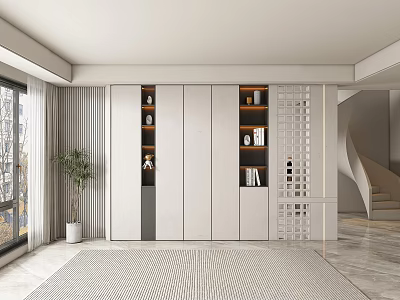 Modern Living Room Background Wall With White Cabinets Decorative Shelves And Plants 3d model