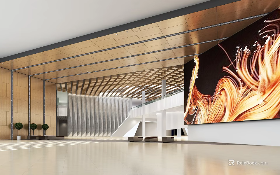 Modern Exhibition Hall Interior With Metallic Ceiling Large Decorative Screen And Staircase 3d model 