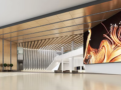 Modern Exhibition Hall Interior With Metallic Ceiling Large Decorative Screen And Staircase 3d model