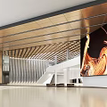Modern Exhibition Hall Interior With Metallic Ceiling Large Decorative Screen And Staircase