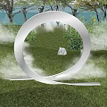 Large Metallic Ring Landscape Sculpture in Green Park with Trees and Water Flow