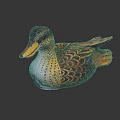 Decorative Duck Figurine With Colorful Feather Details And Yellow Beak On Black Background With Reflection